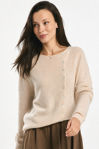 Khaki asymmetrical button knit sweater with long sleeves and front button placket