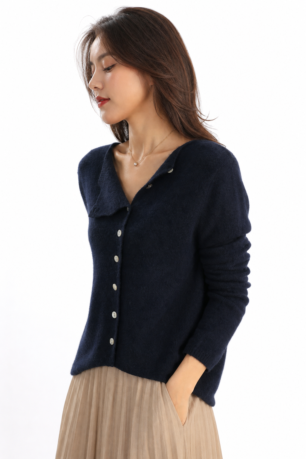 Navy asymmetrical button knit sweater with long sleeves and front button placket