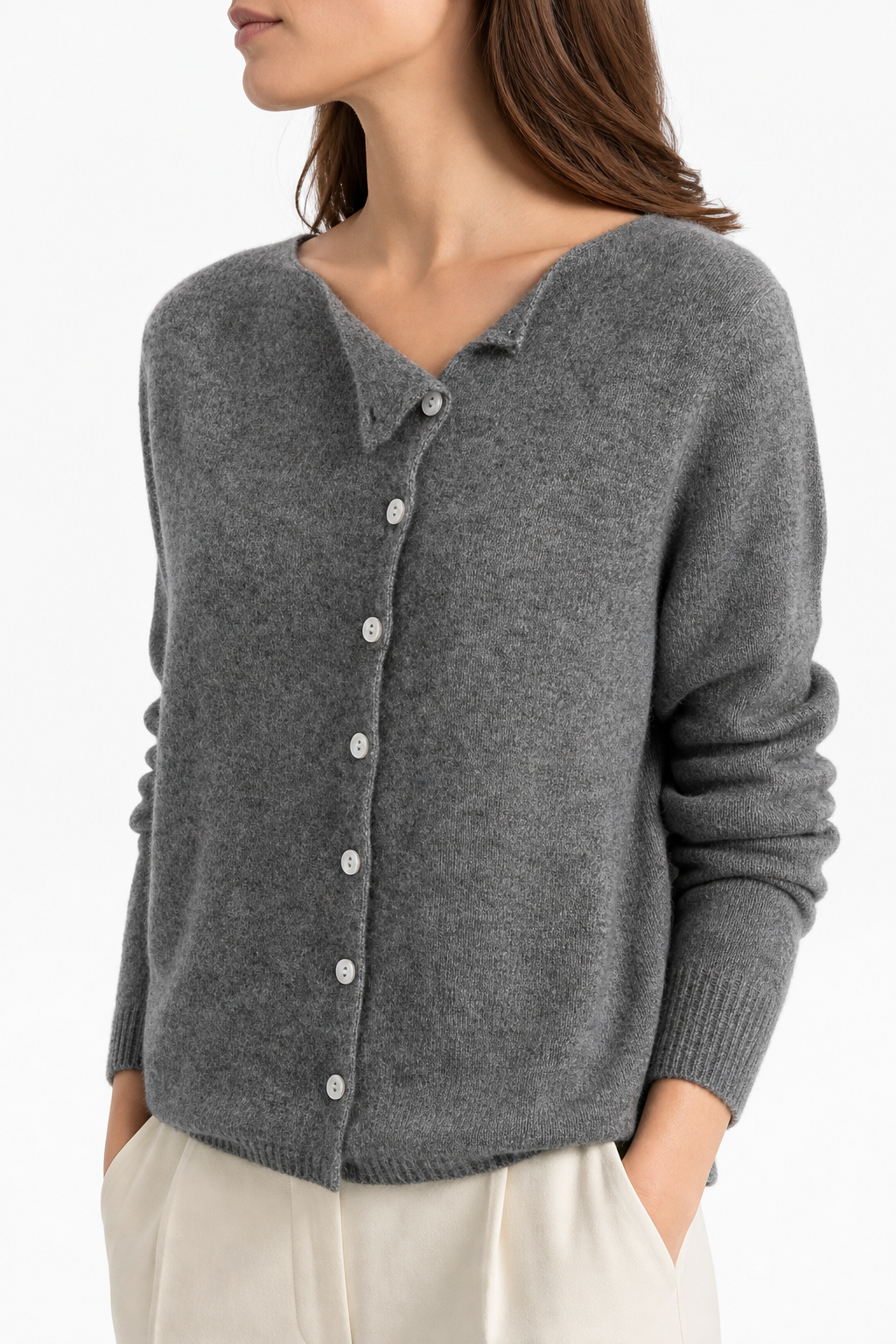 Heather gray asymmetrical button knit sweater with long sleeves and front button placket