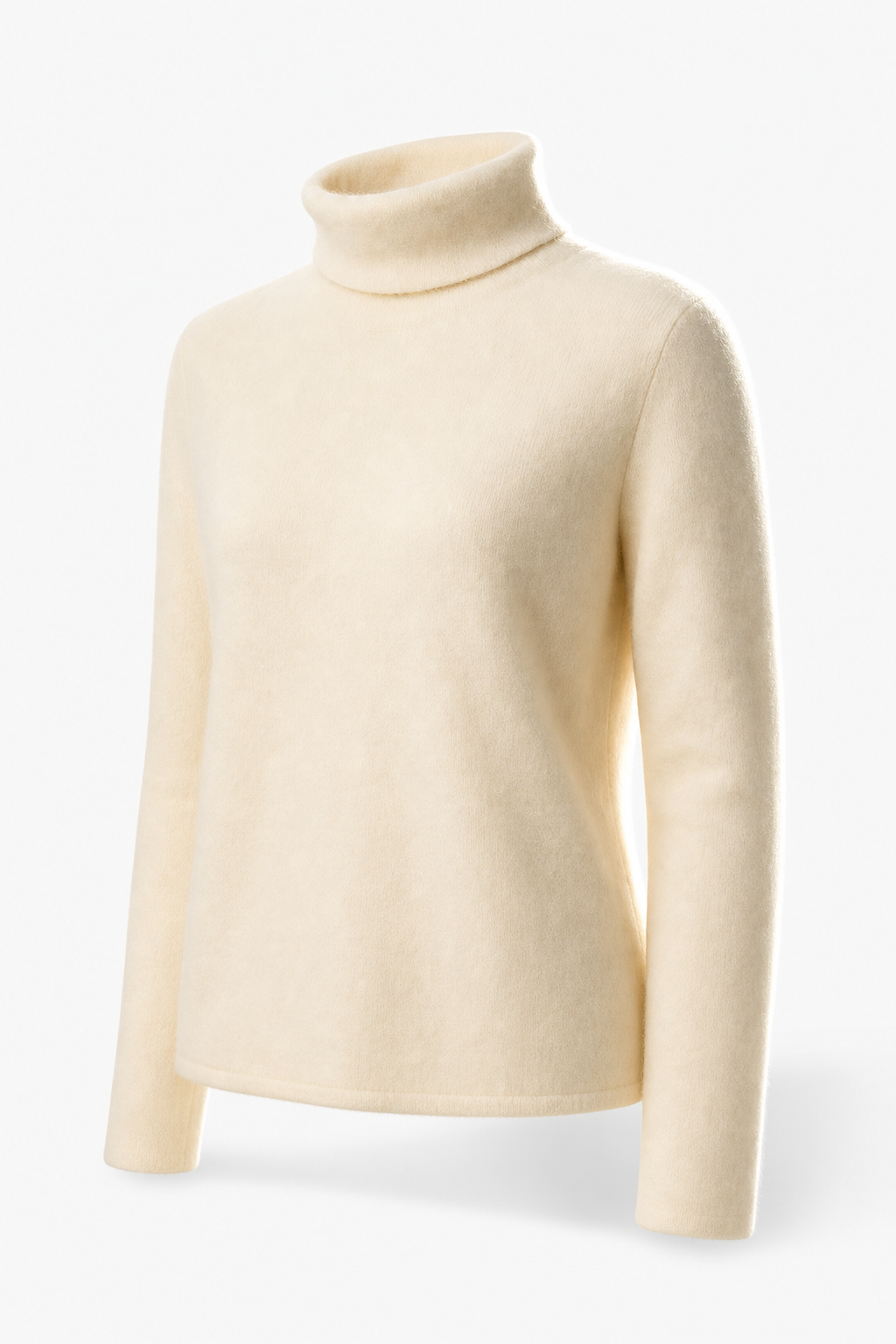 Women's slim-fit turtleneck knit sweater, long sleeves, ivory knit with ribbed collar.