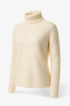 Women's slim-fit turtleneck knit sweater, long sleeves, ivory knit with ribbed collar.