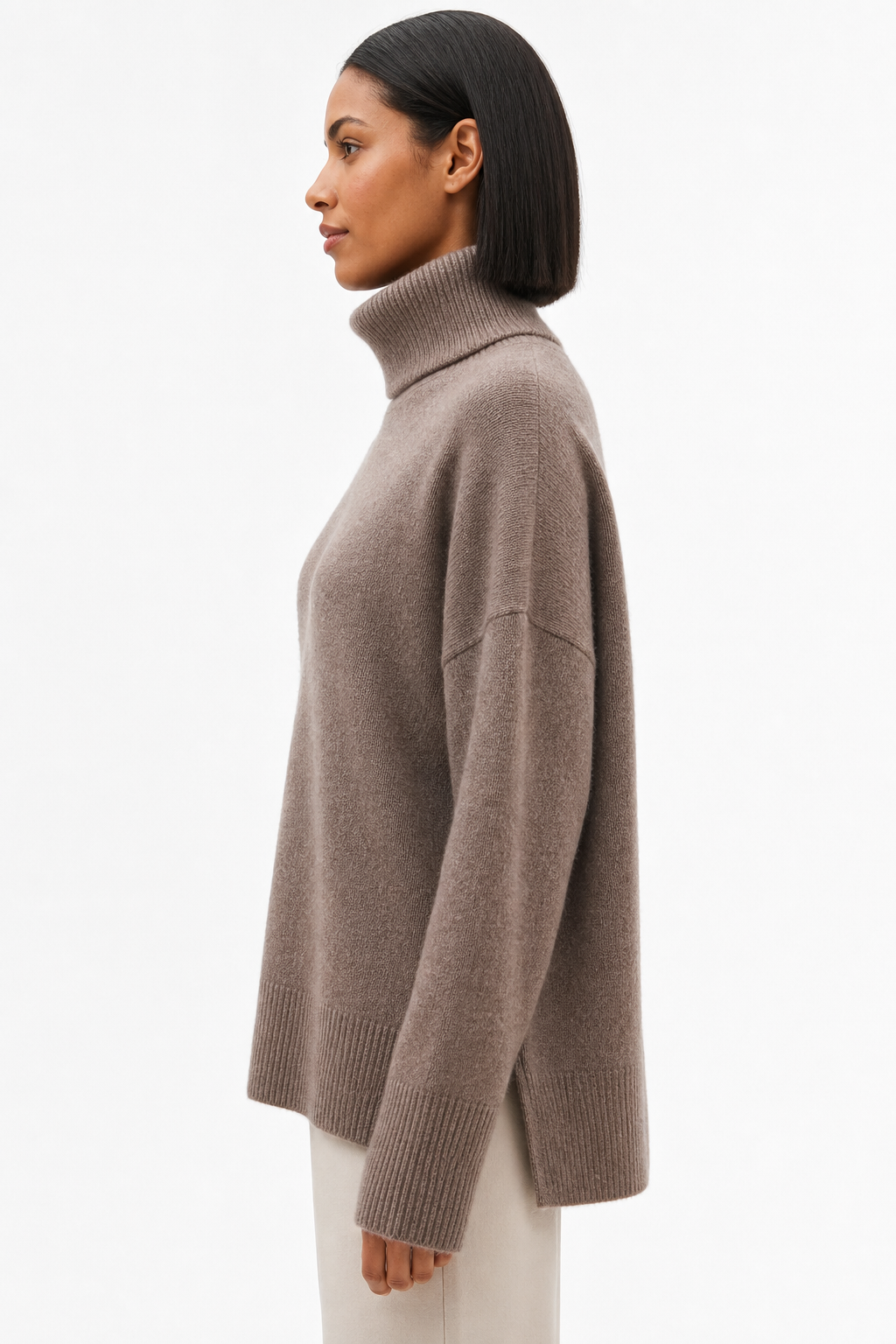 Camel oversized merino blend turtleneck sweater with ribbed cuffs and hem