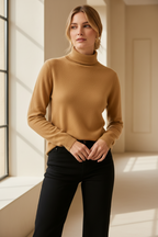 Women's slim-fit turtleneck knit sweater, long sleeves, camel knit with ribbed cuffs and hem.