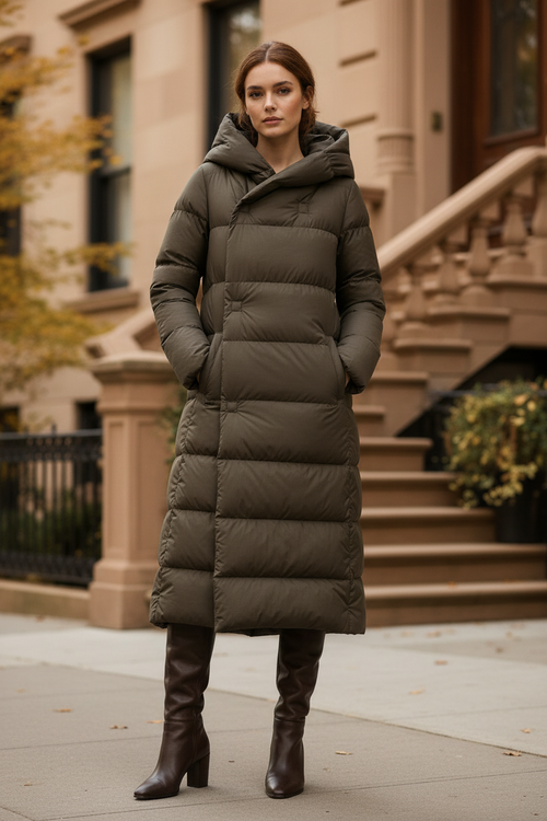 Women's long down puffer parka with hood, olive-gray, zip front and quilted baffles