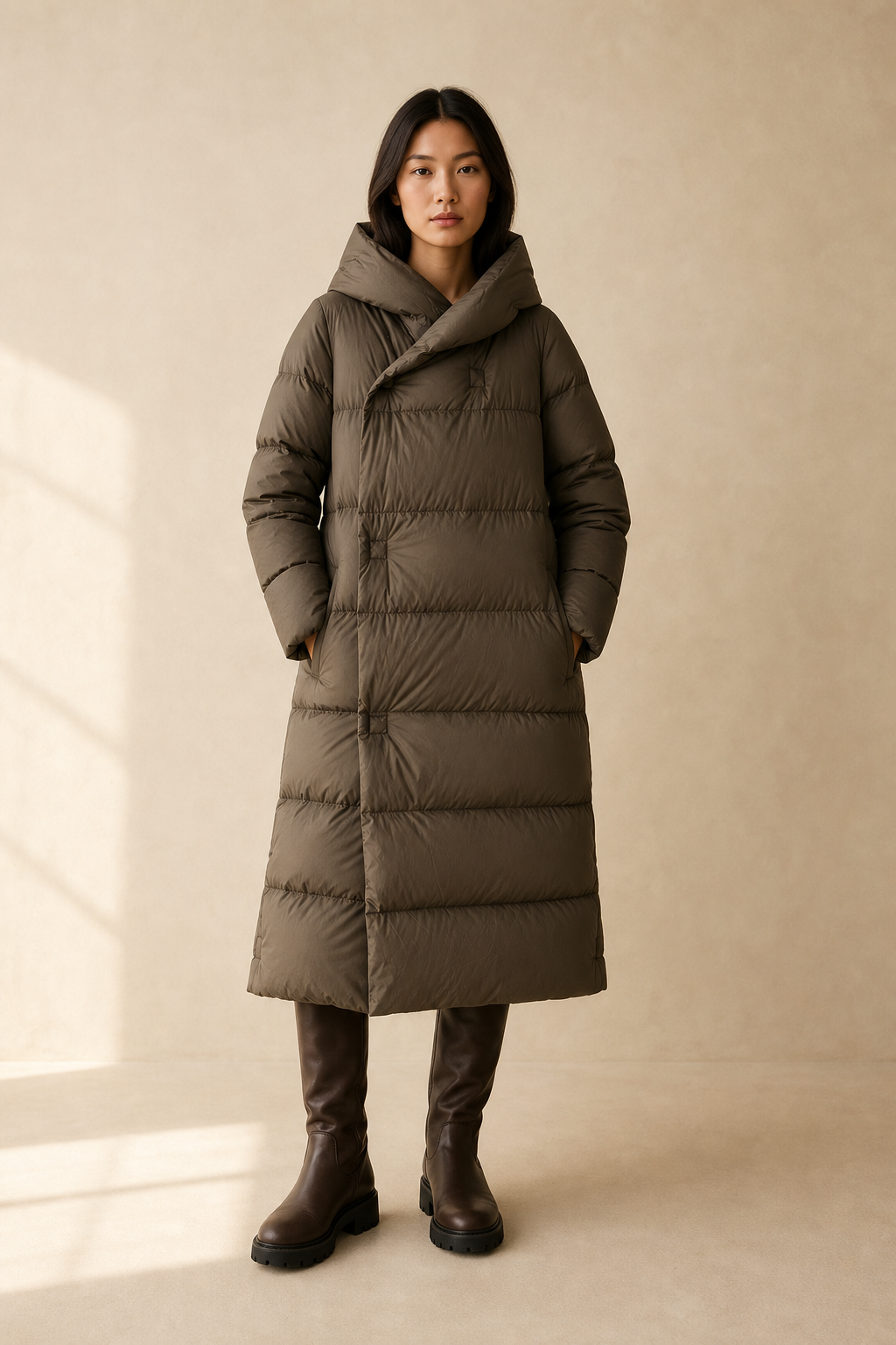 Coffee long down puffer parka with hood, quilted panels and full-length sleeves
