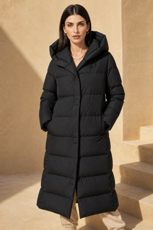 Women's long down puffer parka with hood, black, zip front, quilted baffles