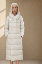 Women's long down puffer parka with hood, white, zip front, hooded puffer design