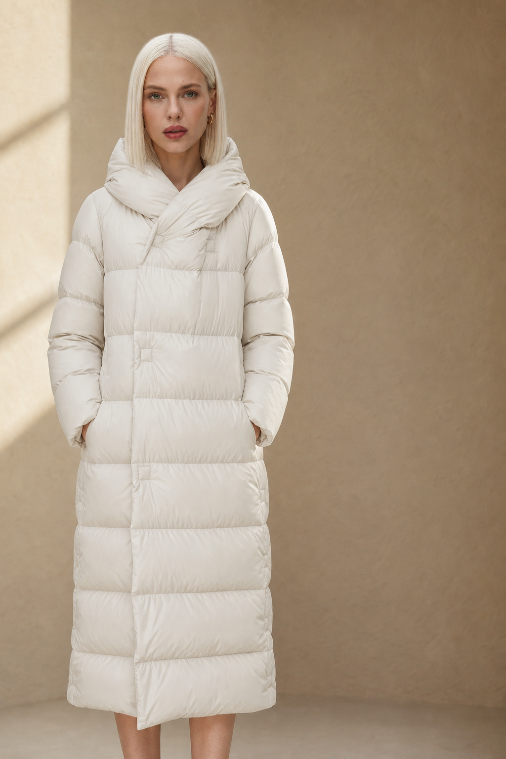 Women's long down puffer parka with hood, white, zip front, hooded puffer design