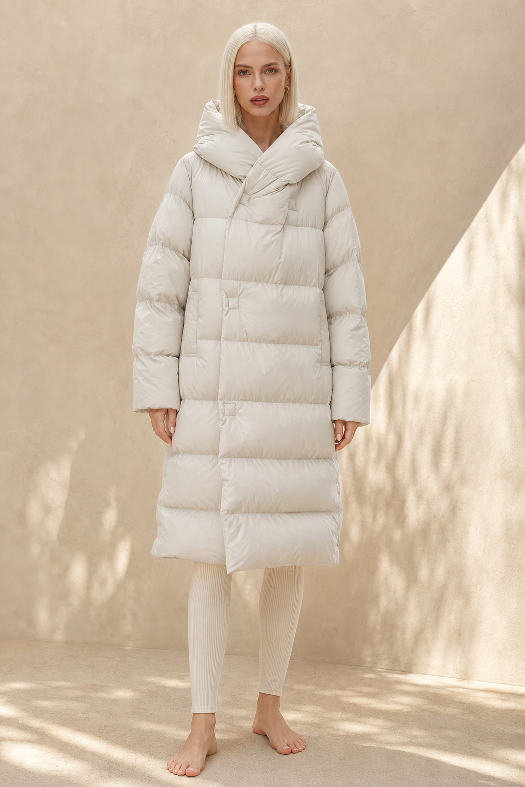 White long down puffer parka with hood, oversized puffer blocks and front zip