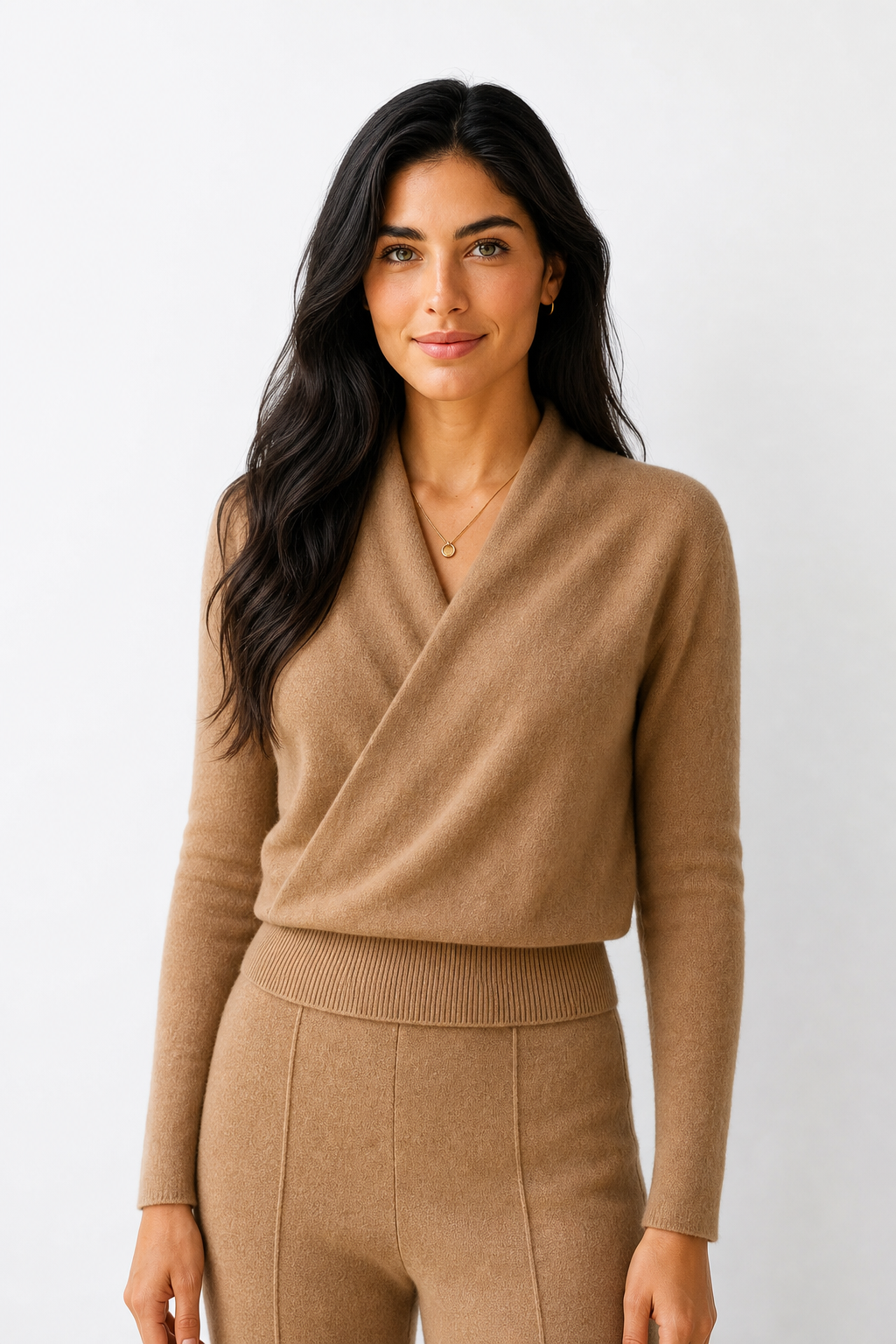 Camel crossover collar knit sweater with long sleeves and ribbed cuffs