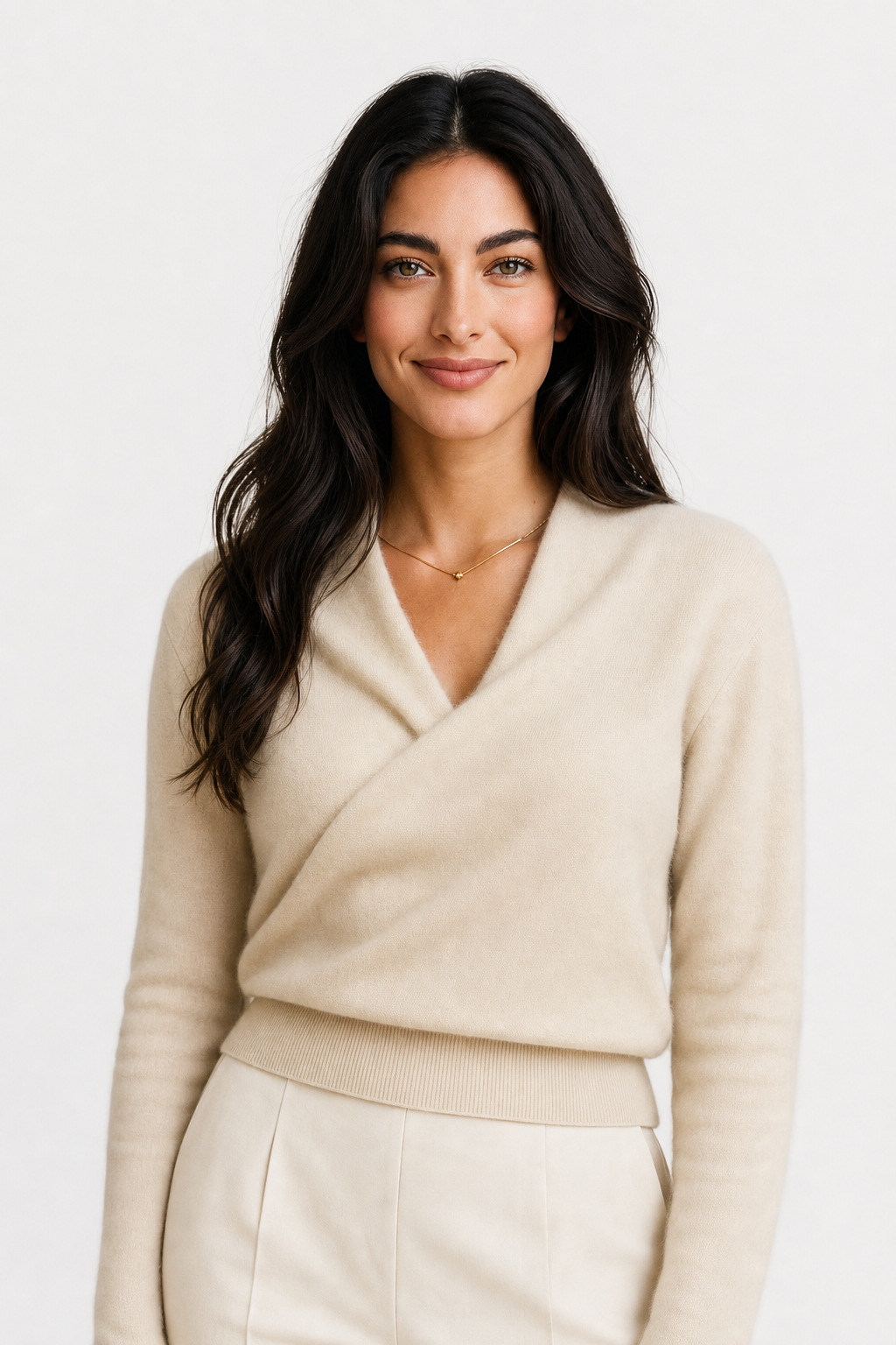 Beige crossover collar knit sweater with long sleeves and ribbed hem