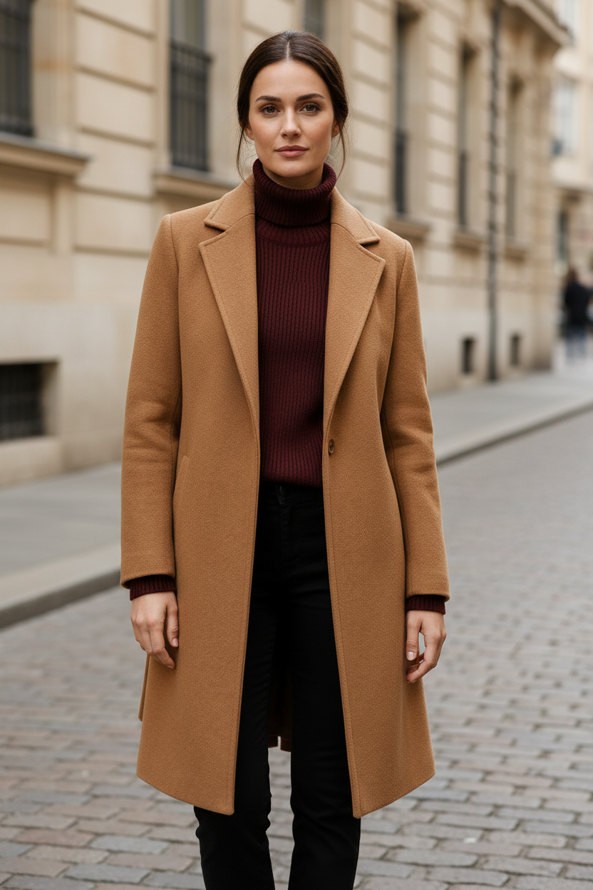 Wool belted midi coat in camel brown with notched lapels and long sleeves