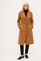 Tan belted wool midi coat with wide lapels and waist tie belt