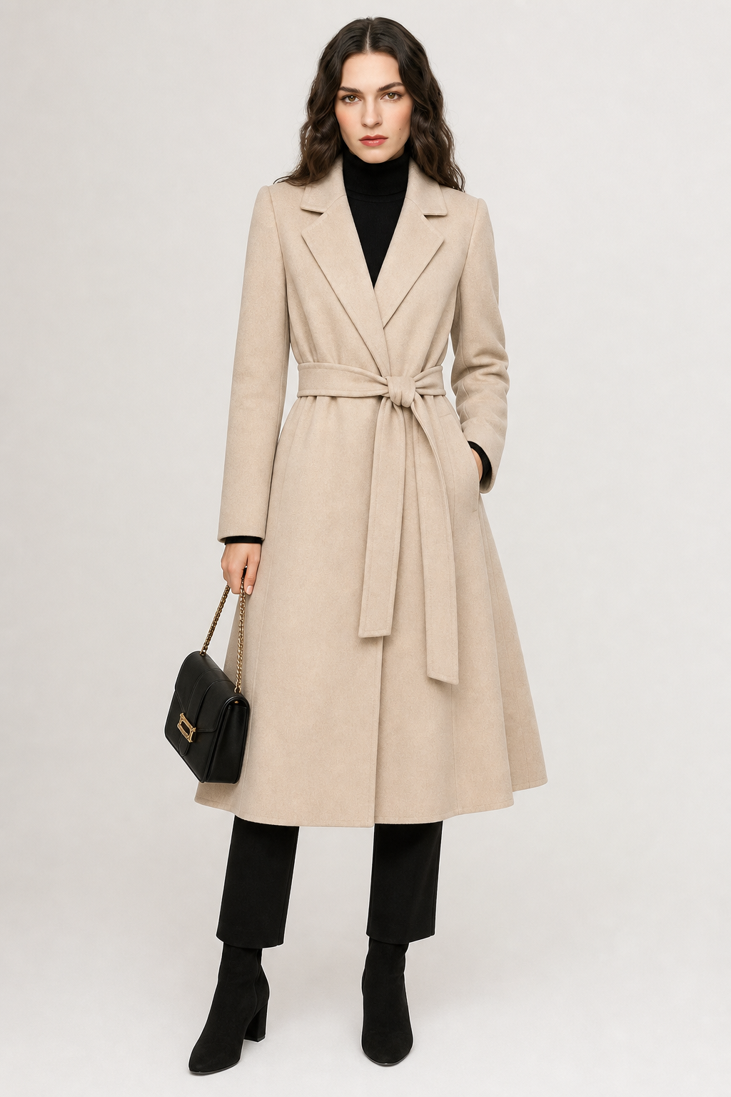 Wool belted midi coat in ivory with notched lapels and a waist tie belt