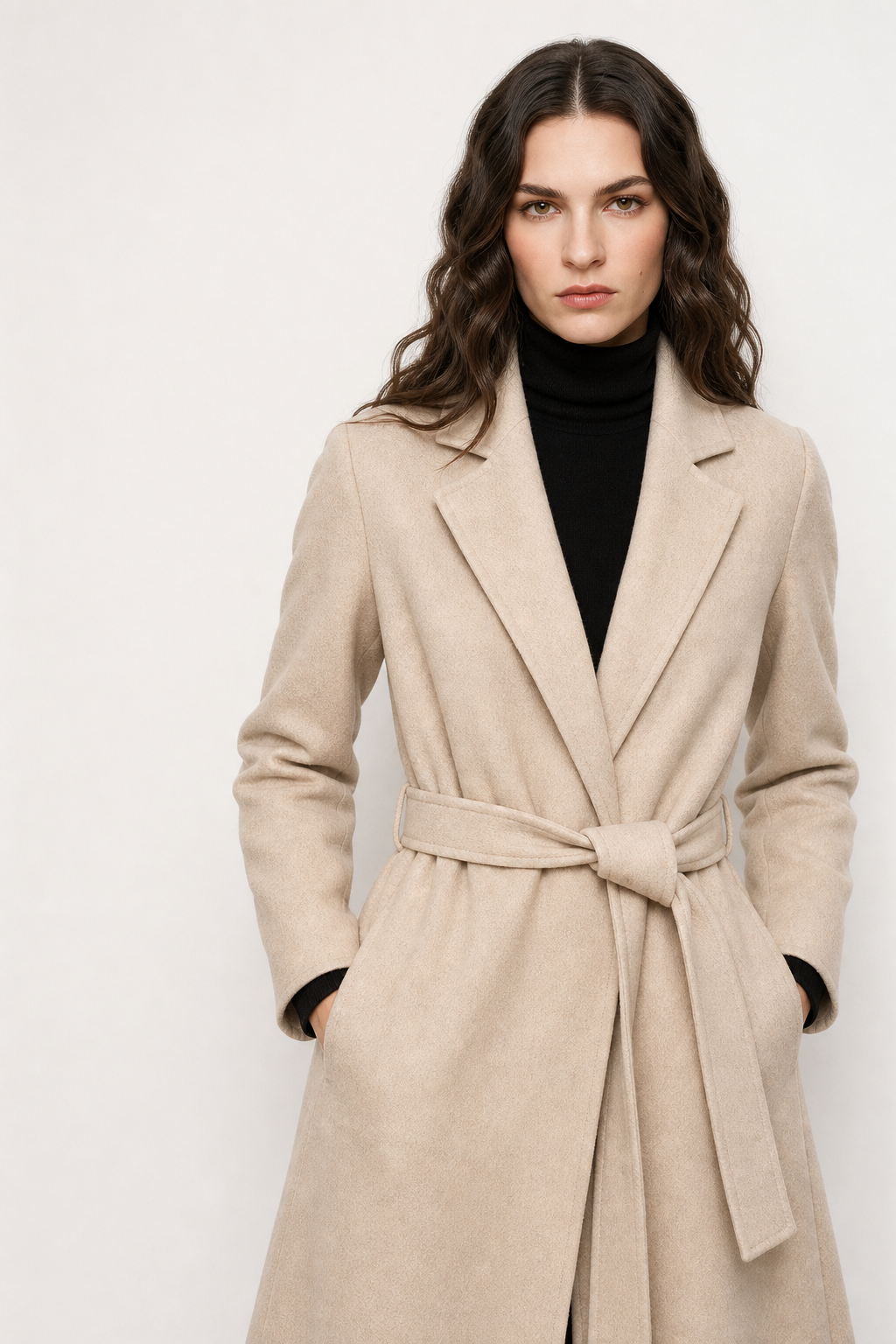 Light beige belted wool midi coat with wrap-style lapels and tie belt