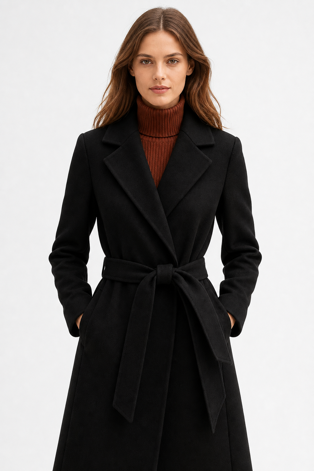 Wool belted midi coat in black with notched lapels and a tied waist belt