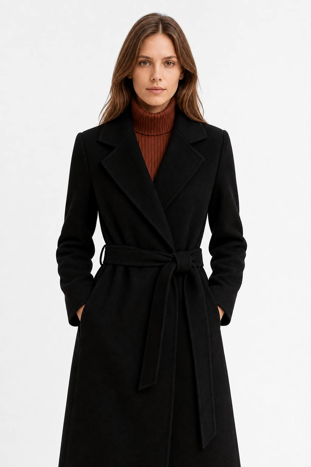 Black belted wool midi coat with wide lapels and tie-waist detail