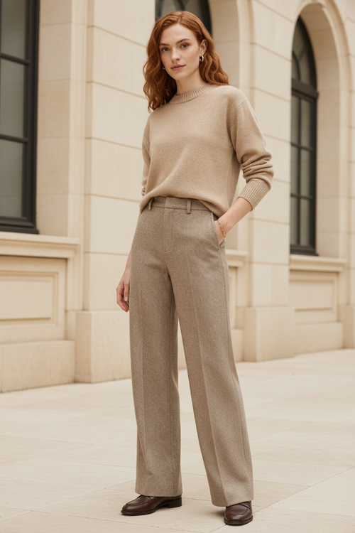 High-waisted herringbone wool-blend trousers in tan, front crease and wide straight leg