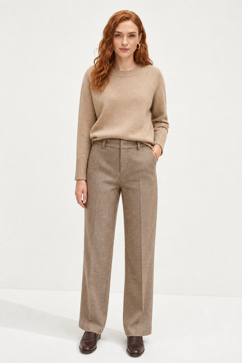 High-waisted herringbone wool-blend trousers in medium taupe, relaxed straight fit, full length