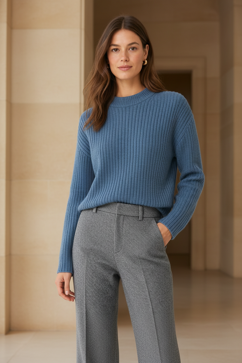 High-waisted herringbone wool-blend trousers in medium gray, center seam and straight fit