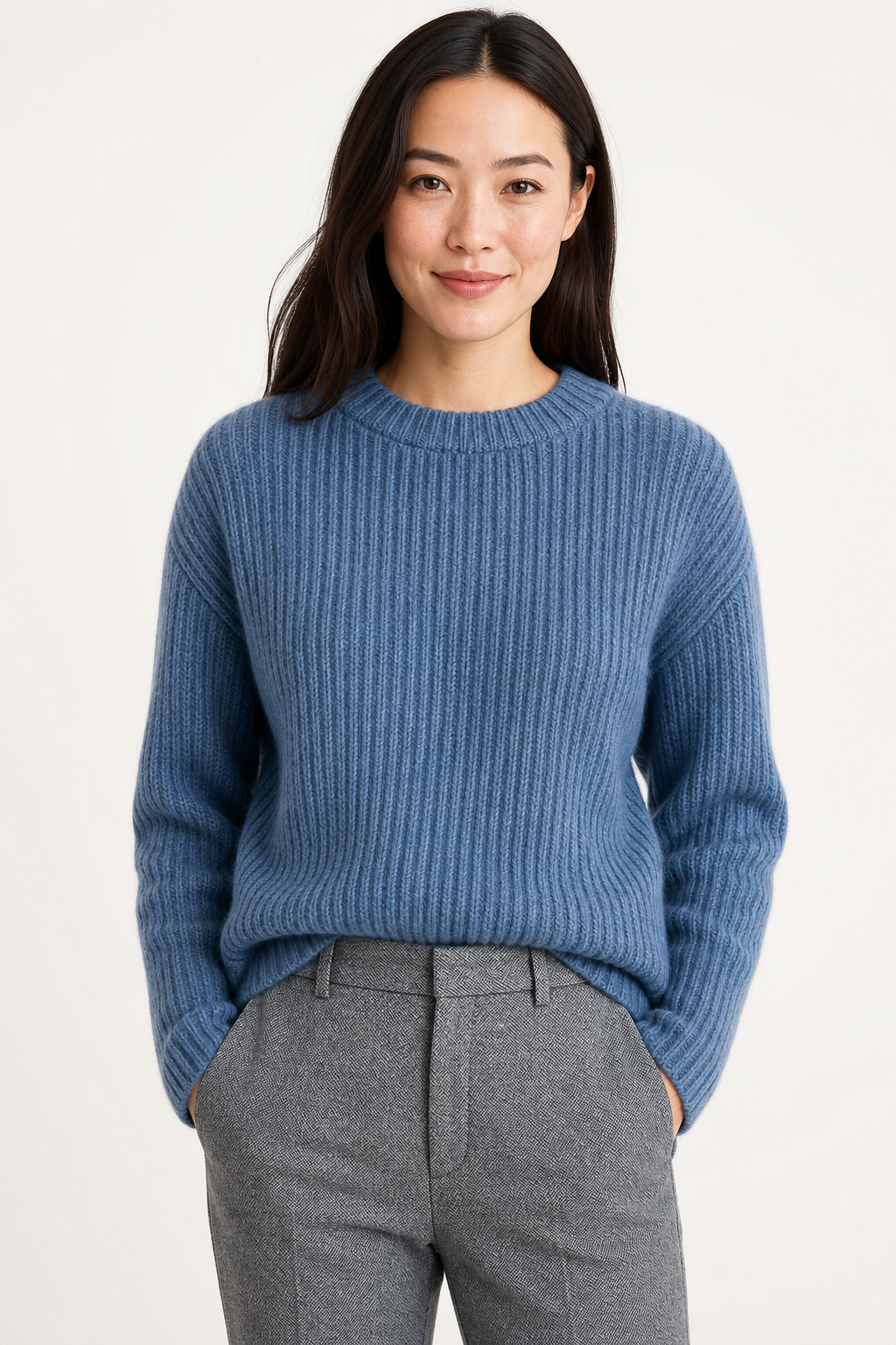 High-waisted herringbone wool-blend trousers in charcoal gray, front crease and straight leg