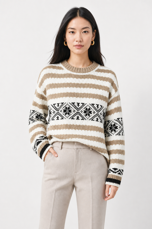 High-waisted herringbone wool-blend trousers in light beige, tailored seams and straight legs
