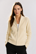Ivory merino wool blend zip-up cardigan with stand collar and metal zipper