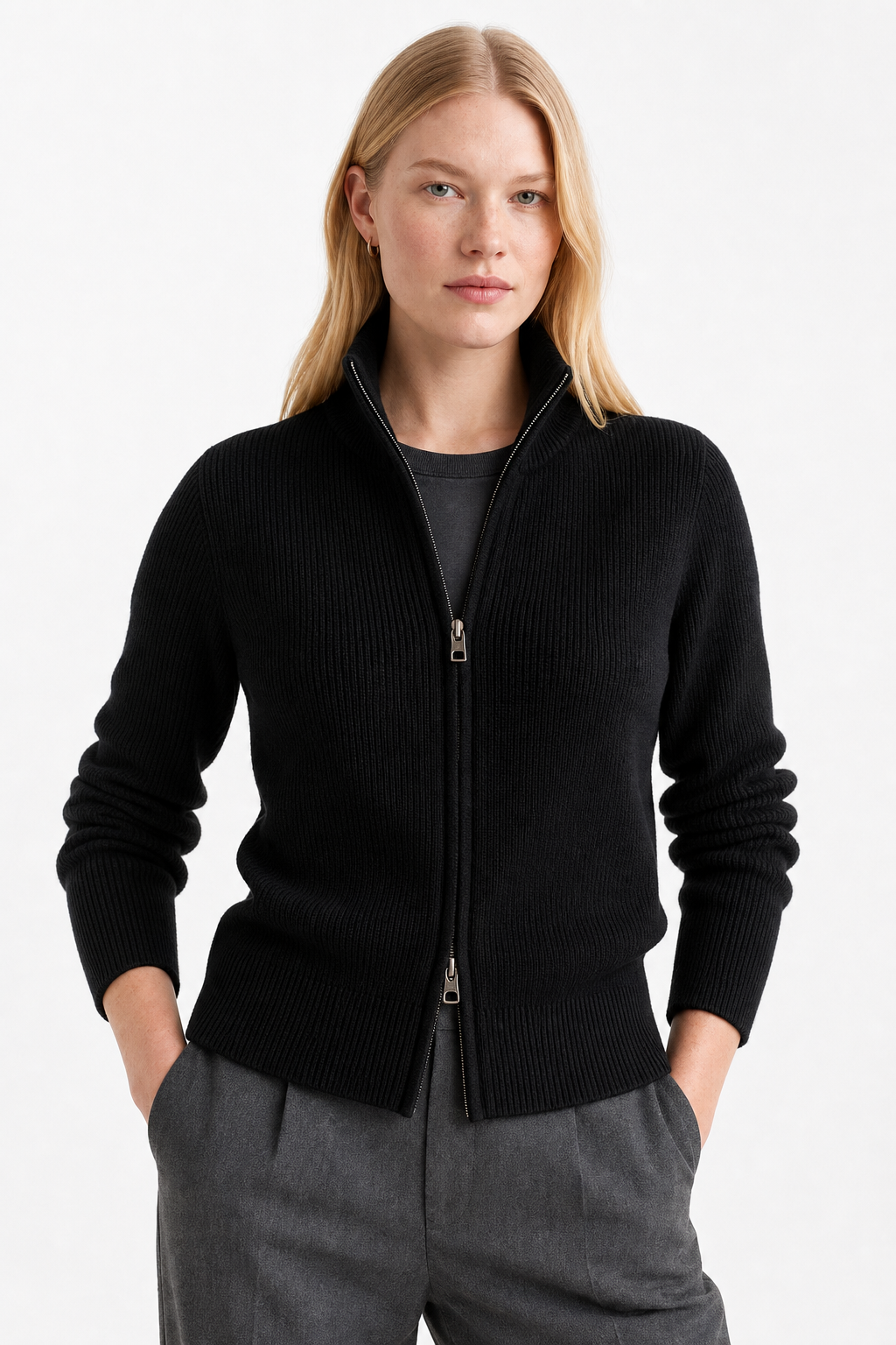 Black merino wool blend zip-up cardigan with ribbed knit texture and metal zipper