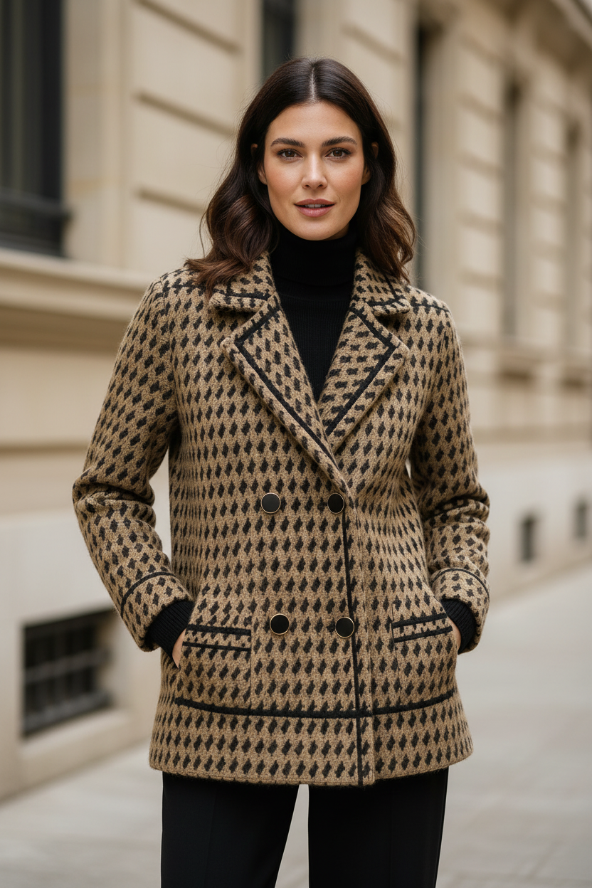 Camel and black houndstooth knit jacket with notched lapels and button front.