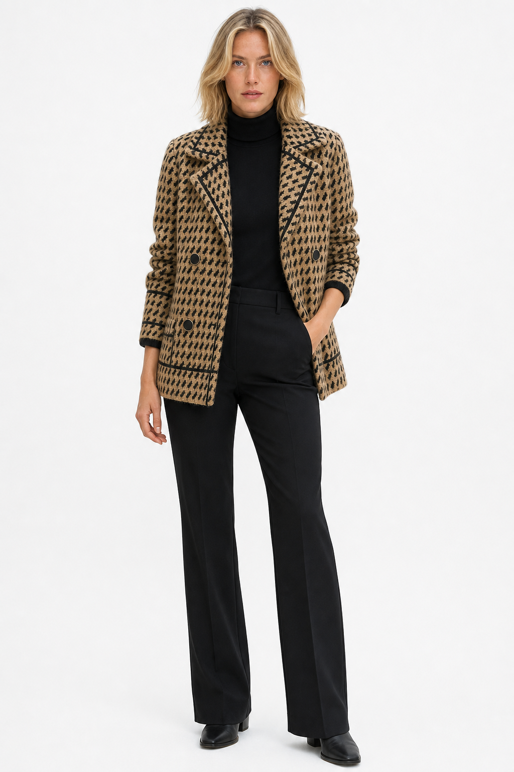 Houndstooth knit jacket in camel and black with open front and ribbed knit collar