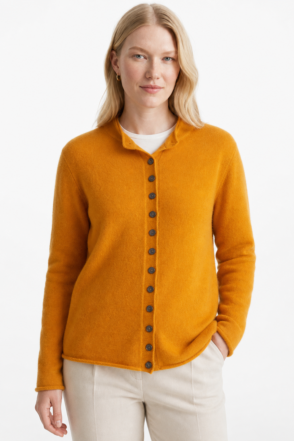 Women’s merino wool button cardigan, orange, collared neckline, long sleeves