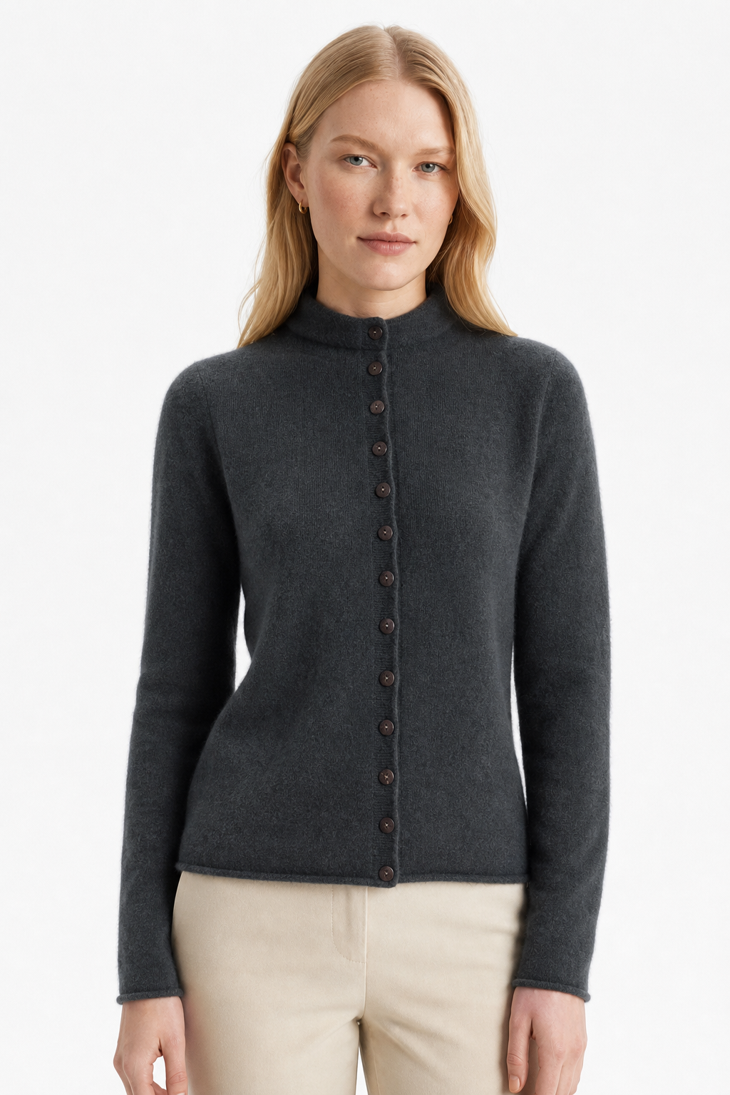 Women\u2019s merino wool button cardigan, dark gray, long sleeves with button-front
