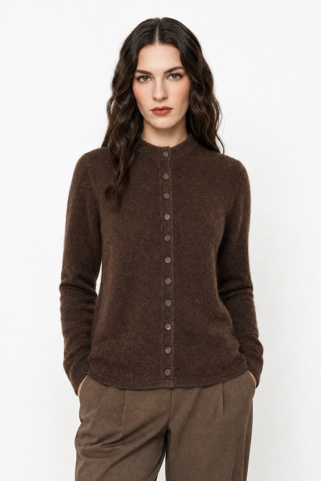 Women\u2019s merino wool button cardigan, dark brown, long sleeves with button-front