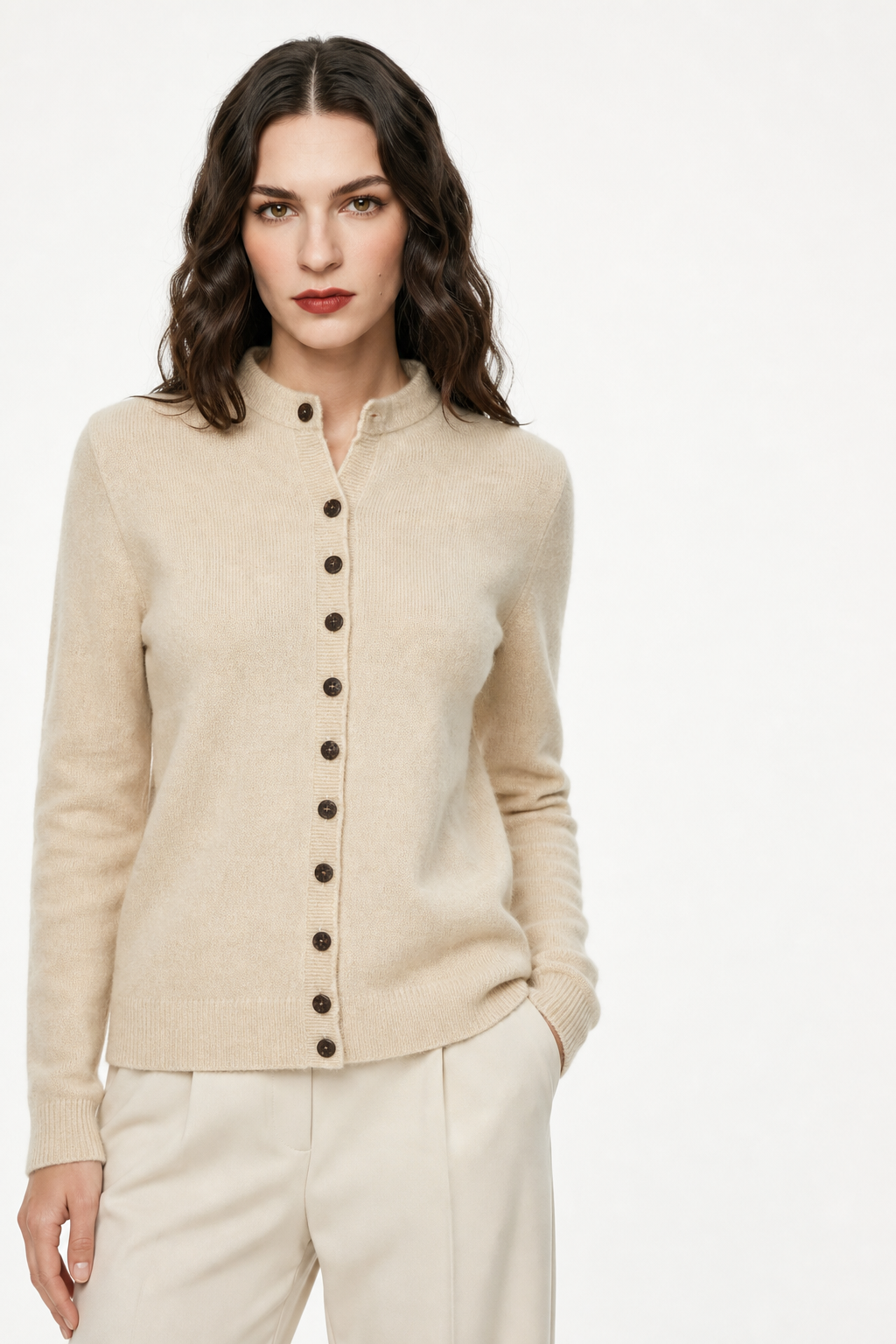 Women\u2019s merino wool button cardigan, light beige, long sleeves with button-front