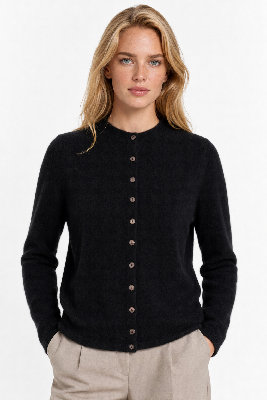 Women\u2019s merino wool button cardigan, black, long sleeves with button-front closure