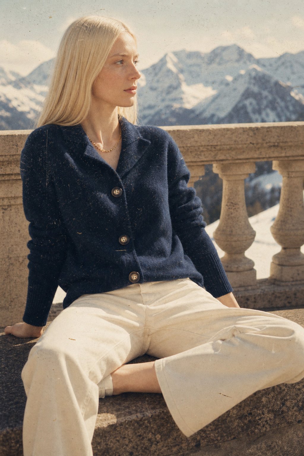 Women’s navy blue button-front cardigan sweater with gold-tone buttons and ribbed hem