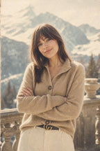 Women’s button-front cardigan sweater in heather beige, long sleeves, ribbed cuffs