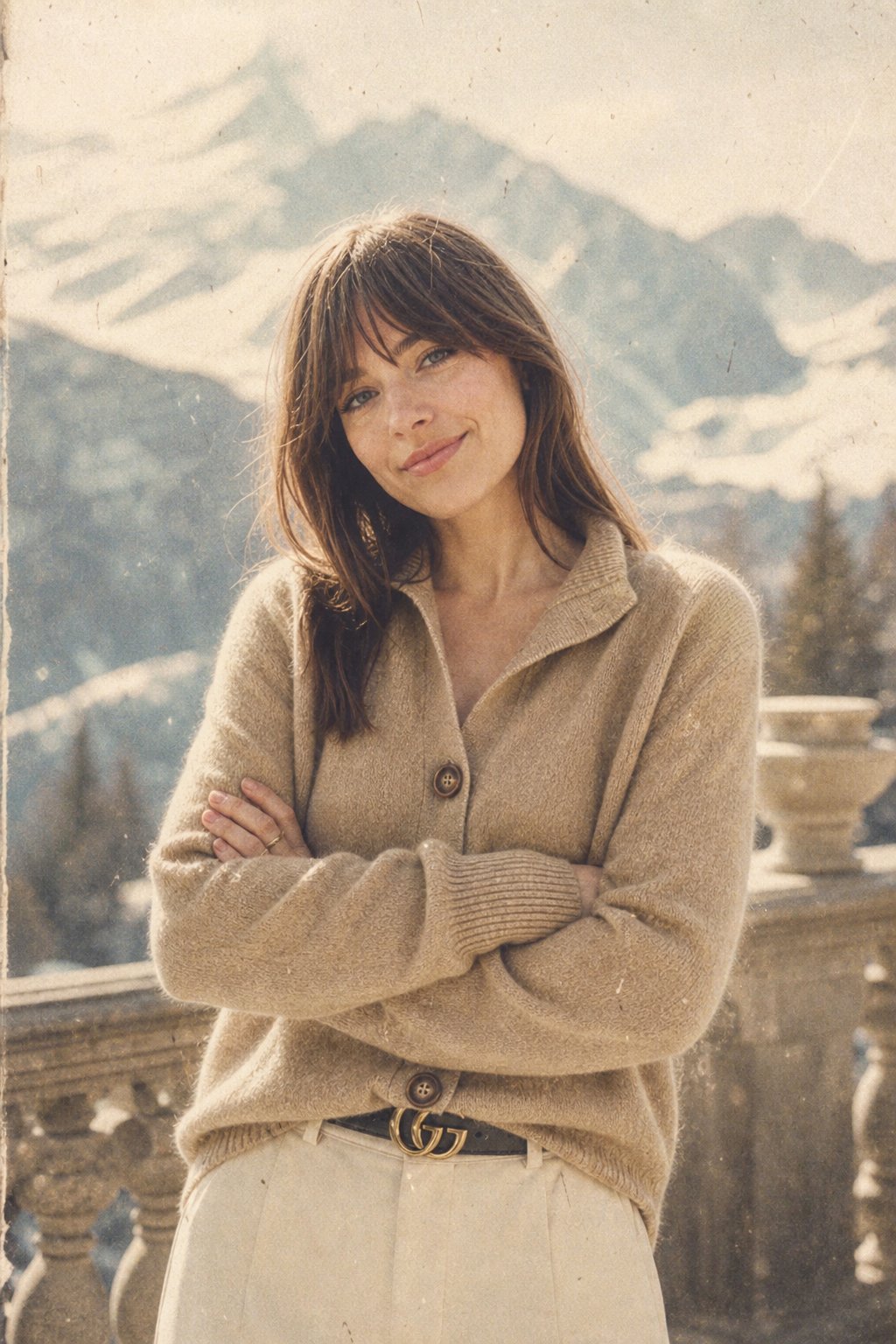 Women’s button-front cardigan sweater in heather beige, long sleeves, ribbed cuffs