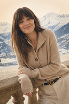 Women’s heather beige button-front cardigan sweater, four-button placket and collar