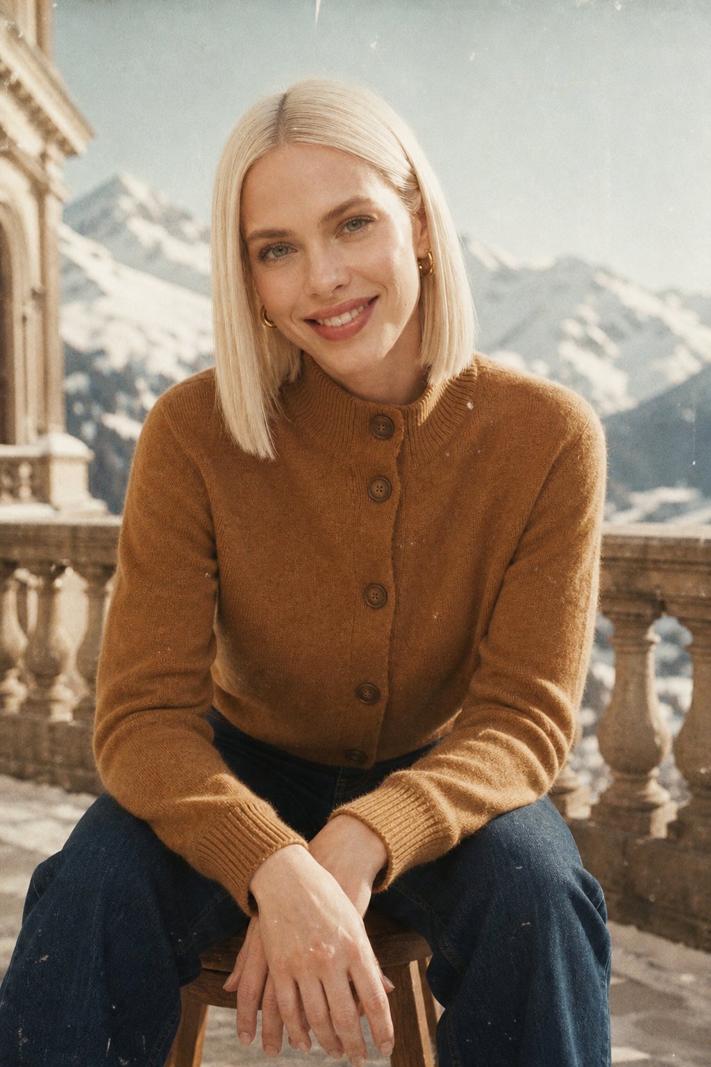 Women’s camel brown button-front cardigan sweater with four-button placket and collar