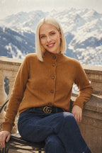 Women’s button-front cardigan sweater in camel brown, long sleeves, ribbed cuffs
