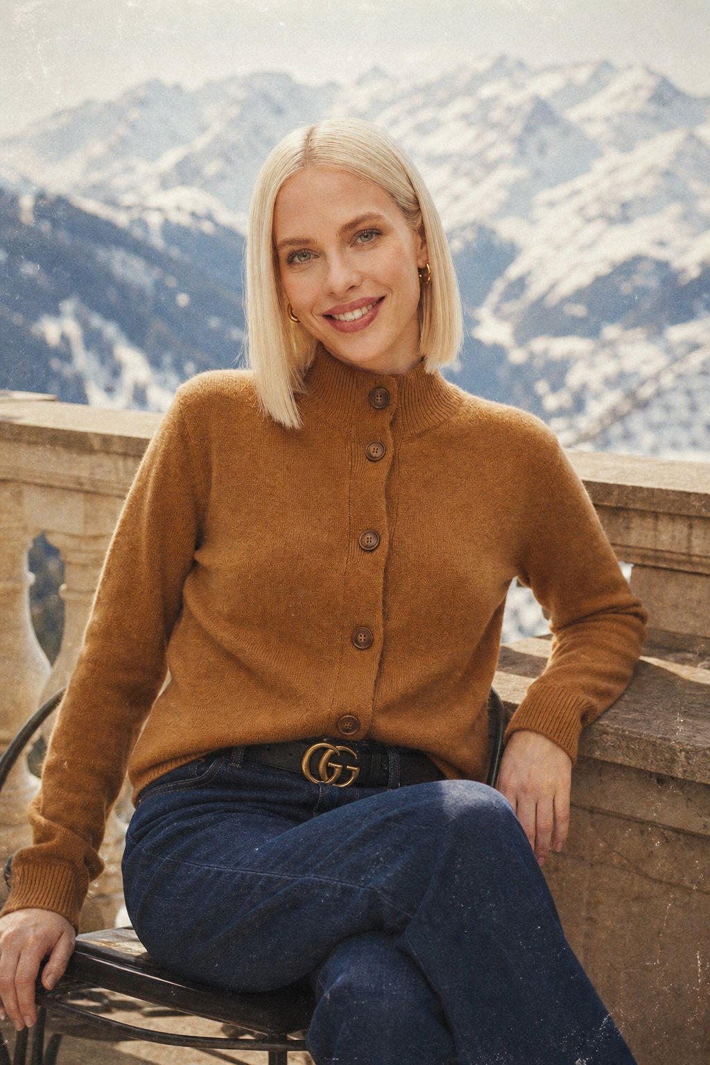 Women’s button-front cardigan sweater in camel brown, long sleeves, ribbed cuffs
