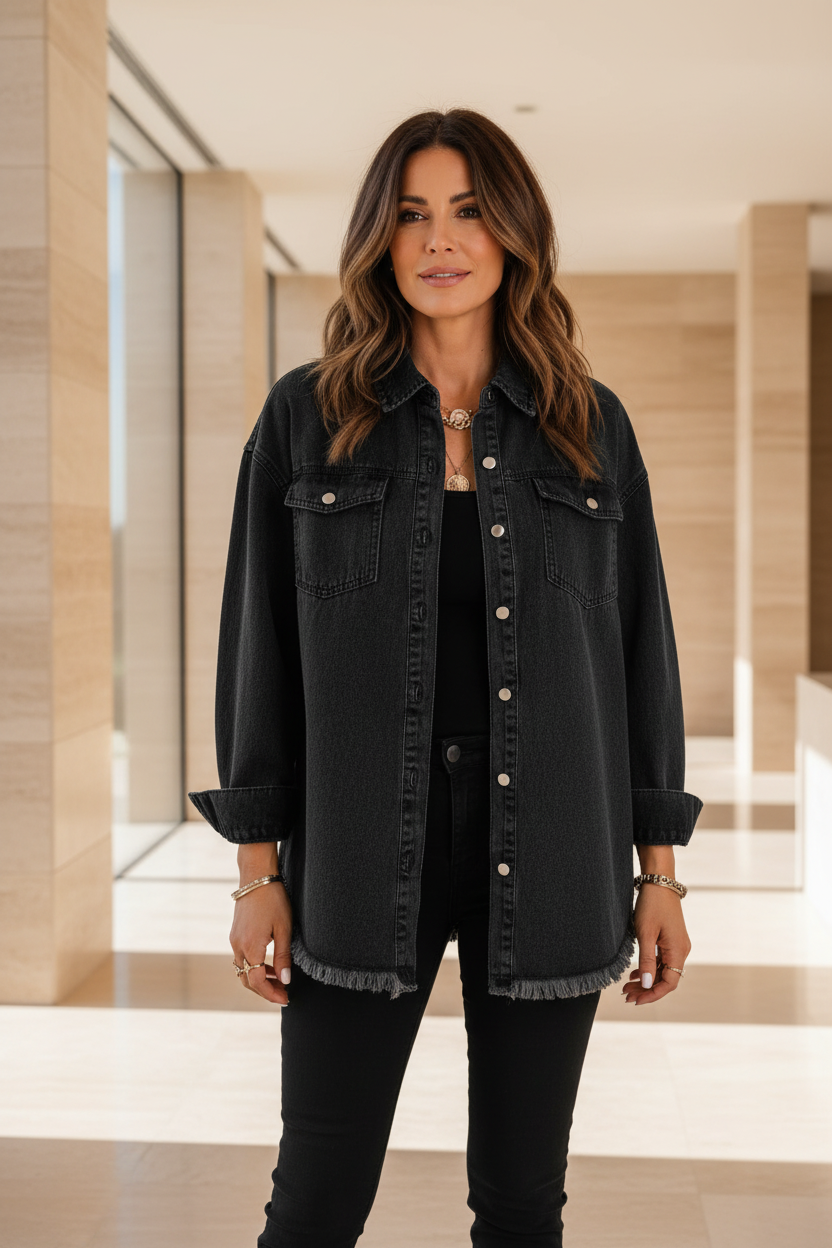 Black denim jacket with chest pockets, button front, and frayed hem.