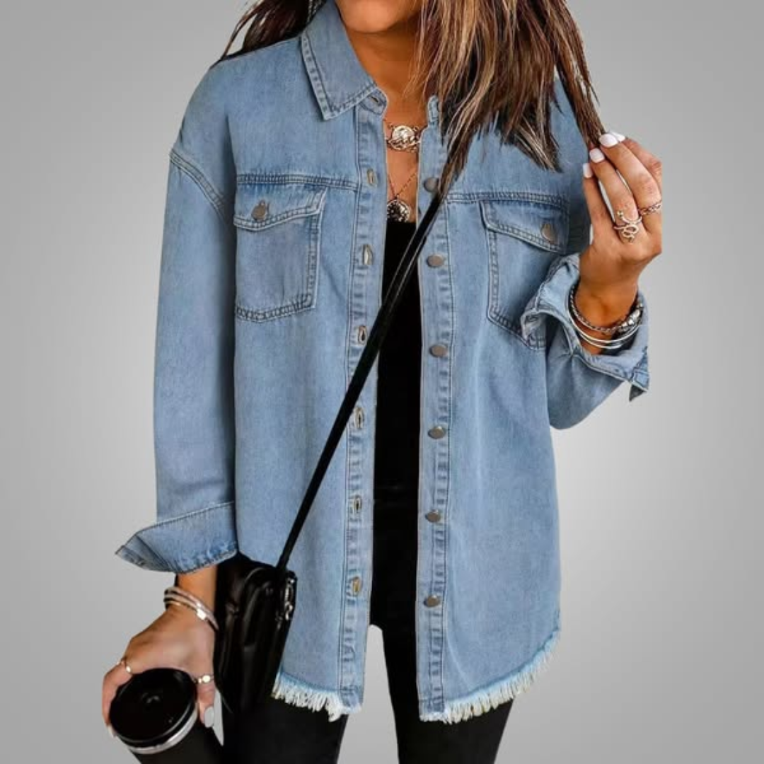 Light blue denim jacket with chest pockets, button front, and frayed hem.