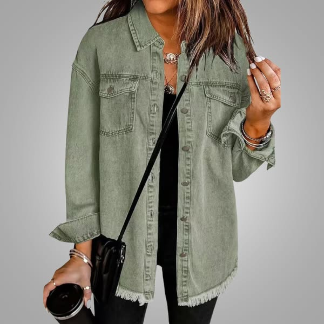 Olive green denim jacket with chest pockets, button front, and frayed hem.