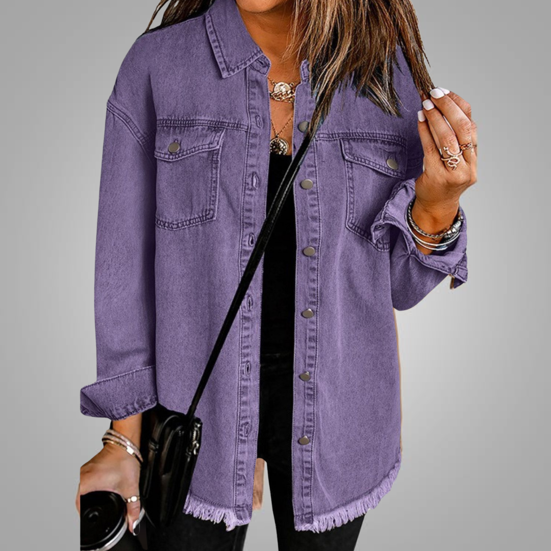 Purple denim jacket with chest pockets, button front, and frayed hem.