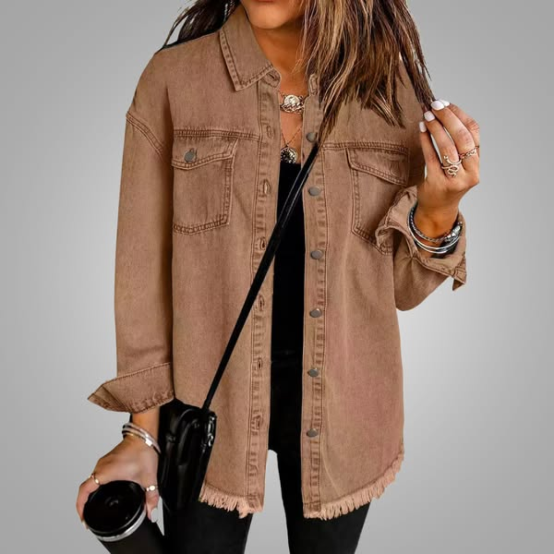 Brown denim jacket with chest pockets, button front, and frayed hem.
