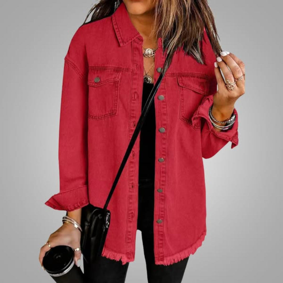 Red denim jacket with chest pockets, button front, and frayed hem.