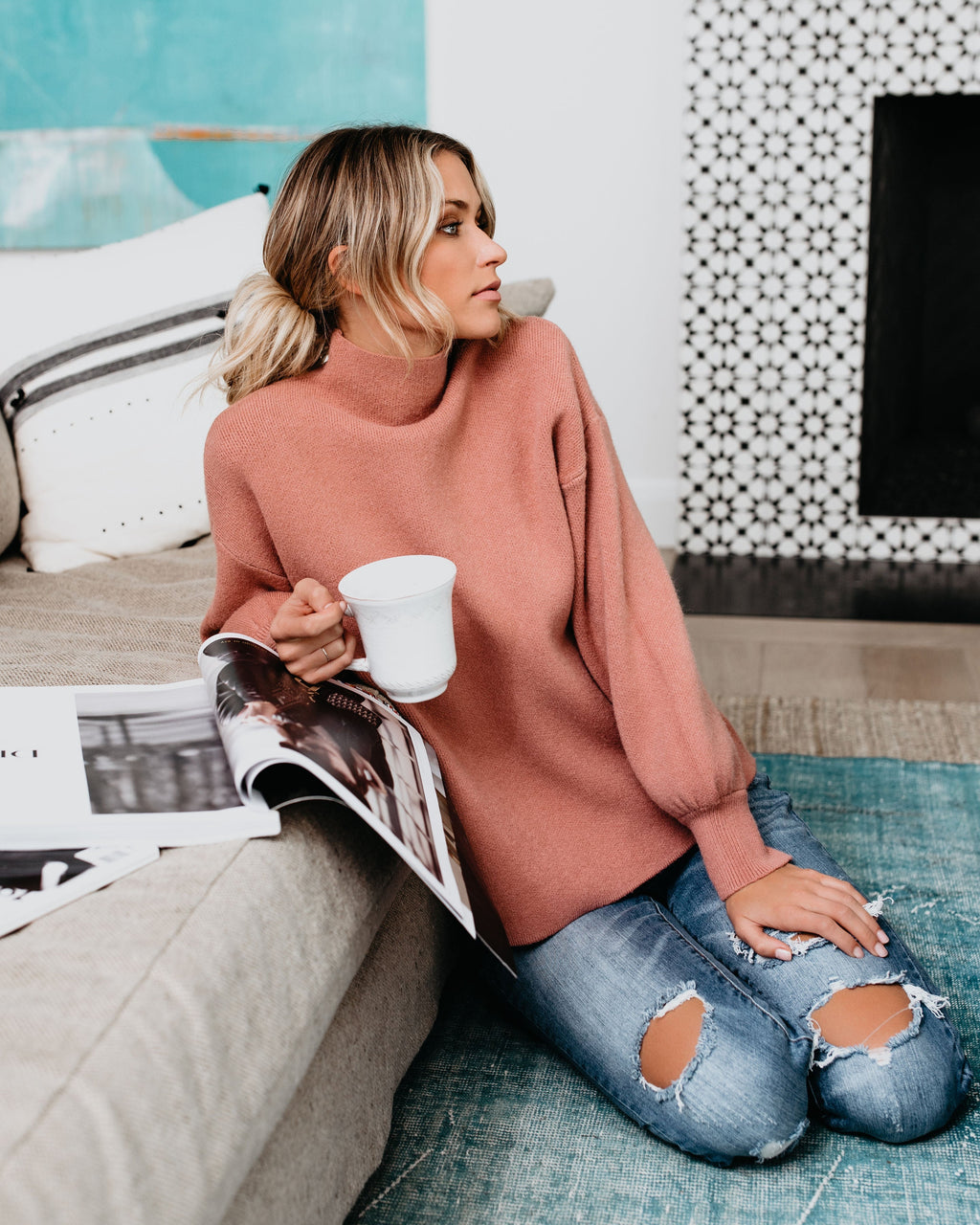 Blush-pink mock neck knit sweater, side view, long sleeves, pullover