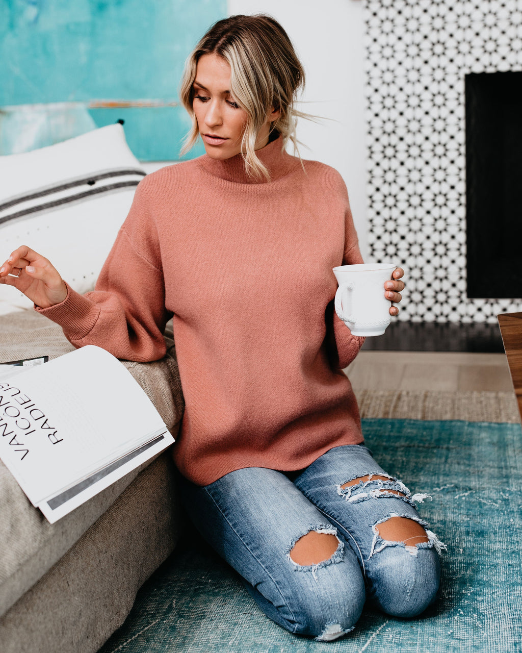 Blush-pink mock neck knit sweater, relaxed fit, long sleeves, pullover